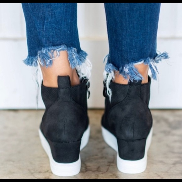 Black Faux Suede Wedge Sneakers - Picture 4 of 6